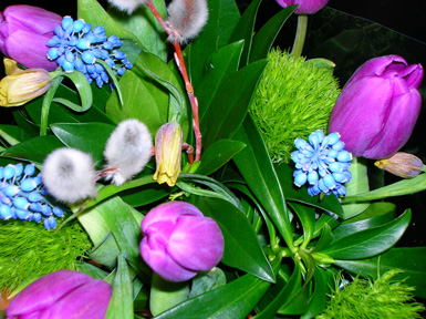 tulips, pussy willows, blue bells and greenery