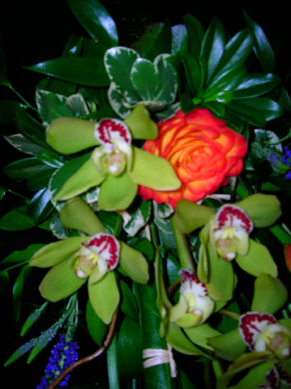 orchids with painted rose and greenery